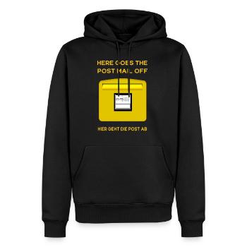 Here goes the post mail off. Hier geht die Post ab - Männer Premium Bio Hoodie - Schwarz - Vorne - Nico (187cm)
