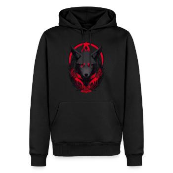 Roter und schwarzer Wolfskopf mit feurigen Augen - Männer Premium Bio Hoodie - Schwarz - Vorne - Nico (187cm)