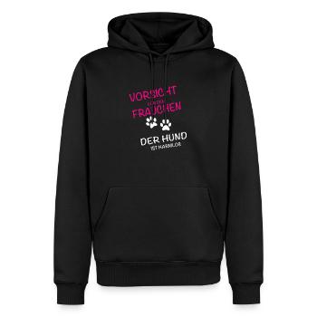 Vorsicht vor dem Frauchen - der Hund ist harmlos - Männer Premium Bio Hoodie - Schwarz - Vorne - Nico (187cm)