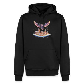 Vol de hibou pastel au-dessus de la ville des nuages - Sweat à capuche Premium bio Homme - noir - Devant - Nico (187cm)