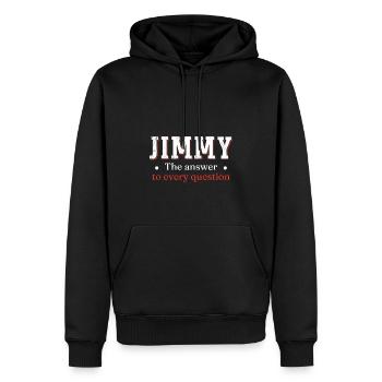 Jimmy: Die Antwort auf jede Frage - Männer Premium Bio Hoodie - Schwarz - Vorne - Nico (187cm)