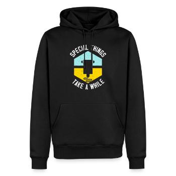 Les choses spéciales prennent un certain temps Impression 3D Imprimante 3D - Sweat à capuche Premium bio Homme - noir - Devant - Nico (187cm)