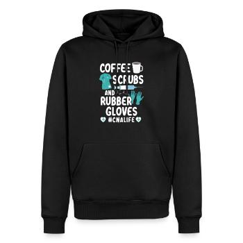 Gommages au café et gants en caoutchouc Soins infirmiers de vie de l’AIIC - Sweat à capuche Premium bio Homme - noir - Devant - Nico (187cm)