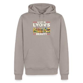 Lyon France Voyage Vacances Touriste J’aime Lyon - Sweat à capuche Premium bio Homme - taupe - Devant - Nico (187cm)
