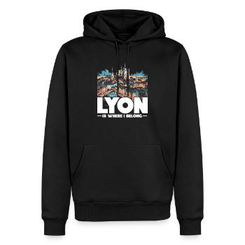 Lyon France Voyage Vacances Touriste J’aime Lyon - Sweat à capuche Premium bio Homme - noir - Devant - Nico (187cm)