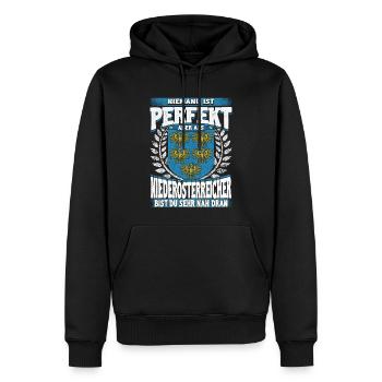 Perfektion aus Niederösterreich – Stolz und Heimat - Männer Premium Bio Hoodie - Schwarz - Vorne - Nico (187cm)