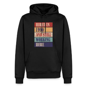 Hired in 1990 and still working here - Men’s Premium Organic Hoodie - black - Front - Nico (187cm)