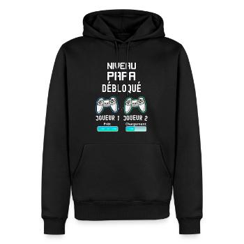 Papa joueur de jeux vidéo et futur papa - Sweat à capuche Premium bio Homme - noir - Devant - Nico (187cm)