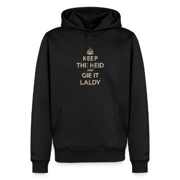 Keep Calm, Gie it Laldy - Men’s Premium Organic Hoodie - black - Front - Nico (187cm)