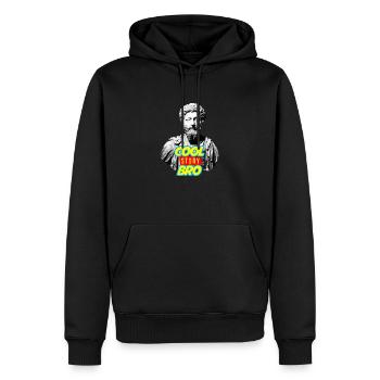 Marcus Aurelius: „Cool Story Bro“ 2 - Männer Premium Bio Hoodie - Schwarz - Vorne - Nico (187cm)