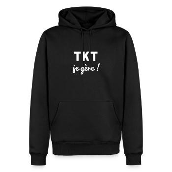 T'inquiète je gère (TKT je gère) - Sweat à capuche Premium bio Homme - noir - Devant - Nico (187cm)