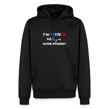i'm french,what's your superpower? - Sweat à capuche Premium bio Homme - noir - Devant - Nico (187cm)