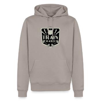 Trainiere hart - Männer Premium Bio Hoodie - Taupe - Vorne - Nico (187cm)
