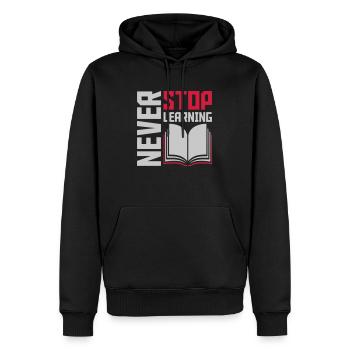 never stop learning quote - Men’s Premium Organic Hoodie - black - Front - Nico (187cm)