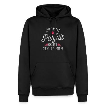 l homme parfait existe / humour couple - Sweat à capuche Premium bio Homme - noir - Devant - Nico (187cm)