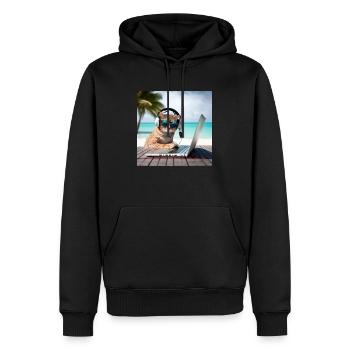 cool cat on a laptop at the beach - Men’s Premium Organic Hoodie - black - Front - Nico (187cm)