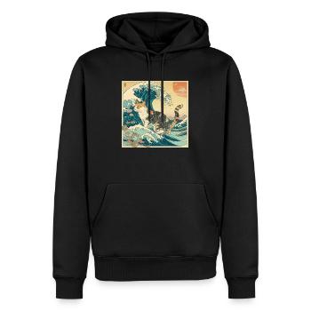 Katze auf der Welle im Stil der japanischen Vaporwave - Männer Premium Bio Hoodie - Schwarz - Vorne - Nico (187cm)