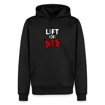 Lift or Die Word Design - Motivierende Fitnesskunst - Männer Premium Bio Hoodie - Schwarz - Vorne - Nico (187cm)
