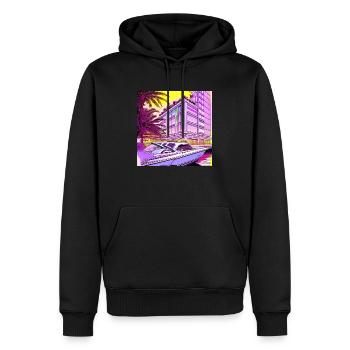 Bateau devant un immeuble de grande hauteur sous le soleil du soir - Sweat à capuche Premium bio Homme - noir - Devant - Nico (187cm)