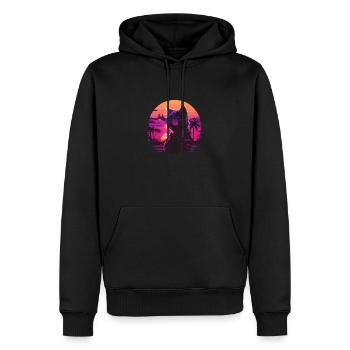 Synthwave cat sunset - Men’s Premium Organic Hoodie - black - Front - Nico (187cm)