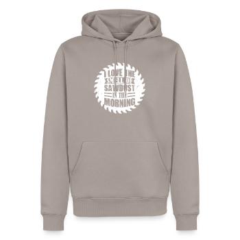 Sawdust Sunrise - Morning Aroma for Carpenters - Männer Premium Bio Hoodie - Taupe - Vorne - Nico (187cm)
