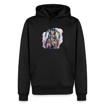 Hibou animal de pouvoir chamanique, intuition, sagesse - Sweat à capuche Premium bio Homme - noir - Devant - Nico (187cm)