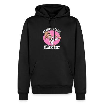 Schönheit, Gehirn und ein Schwarzgurt-Cartoon - Männer Premium Bio Hoodie - Schwarz - Vorne - Nico (187cm)