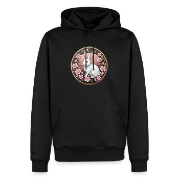 Ausgefallene Münze weißes Kaninchen zwischen rosa Blumen - Männer Premium Bio Hoodie - Schwarz - Vorne - Nico (187cm)