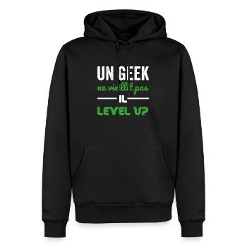 Un geek ne vieillit pas il level up - Sweat à capuche Premium bio Homme - noir - Devant - Nico (187cm)