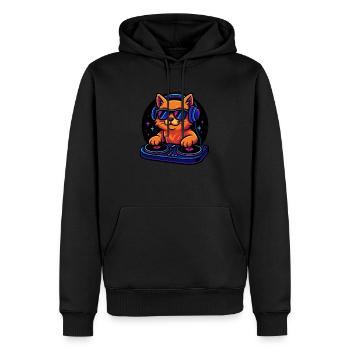 Chat DJ néon avec casque et platine vinyle - Sweat à capuche Premium bio Homme - noir - Devant - Nico (187cm)