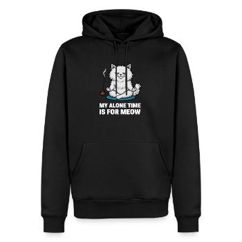 Mon temps seul est pour miaouer – Chat zen sarcastique - Sweat à capuche Premium bio Homme - noir - Devant - Nico (187cm)