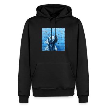 Chien levant fidèlement les yeux devant le mur bleu - Sweat à capuche Premium bio Homme - noir - Devant - Nico (187cm)