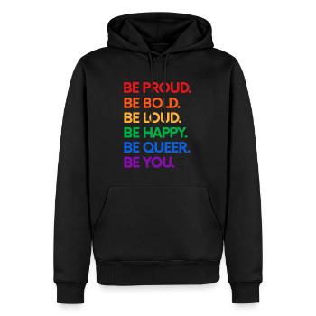 Be proud, bold, happy, yourself - Men’s Premium Organic Hoodie - black - Front - Nico (187cm)