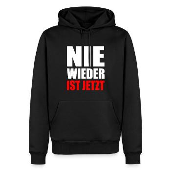 Nie wieder ist jetzt - Männer Premium Bio Hoodie - Schwarz - Vorne - Nico (187cm)
