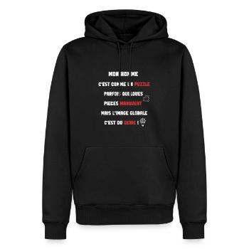 Mon homme, un puzzle génial, Cadeau couple - Sweat à capuche Premium bio Homme - noir - Devant - Nico (187cm)