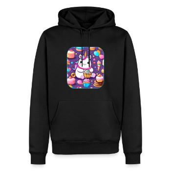 Niedliches dickes Einhorn mit Kuchen und Cup Cakes - Männer Premium Bio Hoodie - Schwarz - Vorne - Nico (187cm)