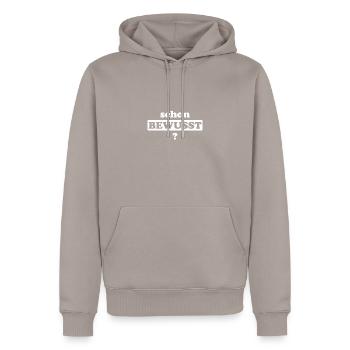 Spirituelles Erwachen Spruch Yoga - Schon BEWUSST? - Männer Premium Bio Hoodie - Taupe - Vorne - Nico (187cm)