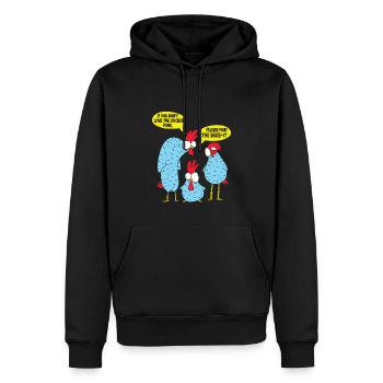 Jeu de mots sur le poulet - Sweat à capuche Premium bio Homme - noir - Devant - Nico (187cm)