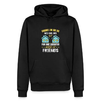 Nachbar, aber Spaß und Lachen haben uns zu Freunden gemacht - Männer Premium Bio Hoodie - Schwarz - Vorne - Nico (187cm)