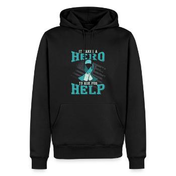 Es braucht einen Helden, um um Hilfe zu bitten - Männer Premium Bio Hoodie - Schwarz - Vorne - Nico (187cm)