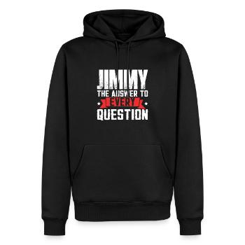Jimmy: Die Antwort auf jede Frage - Männer Premium Bio Hoodie - Schwarz - Vorne - Nico (187cm)