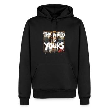 THE WORLD IS YOURS x ANTIKES GEMÄLDE - Männer Premium Bio Hoodie - Schwarz - Vorne - Nico (187cm)