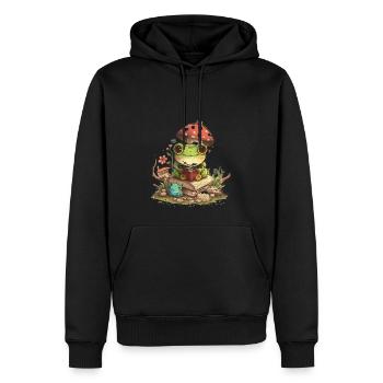 White Cottagecore Aesthetic Mushroom Frog Reading - Men’s Premium Organic Hoodie - black - Front - Nico (187cm)