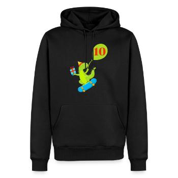 Niedlicher Dinosaurier zum 10-jährigen Jubiläum - Männer Premium Bio Hoodie - Schwarz - Vorne - Nico (187cm)