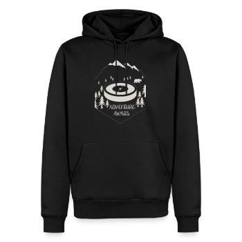 ADVENTURE AWAITS WHITE - Men’s Premium Organic Hoodie - black - Front - Nico (187cm)