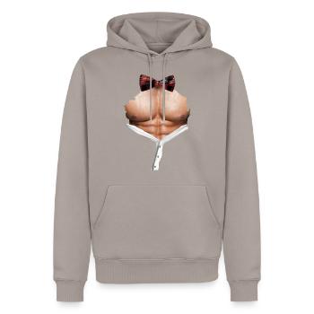 Body Muskel Hemd offen mit Fliege Geschenk Motiv - Männer Premium Bio Hoodie - Taupe - Vorne - Nico (187cm)
