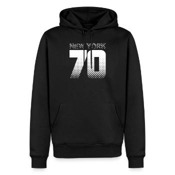 NYC 70 – Manhattan Vibes & Brooklyn Bridge - Männer Premium Bio Hoodie - Schwarz - Vorne - Nico (187cm)