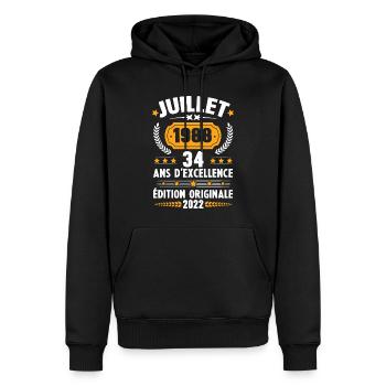 Cadeau d'anniversaire 34 Ans, Né en juillet 1988 - Sweat à capuche Premium bio Homme - noir - Devant - Nico (187cm)