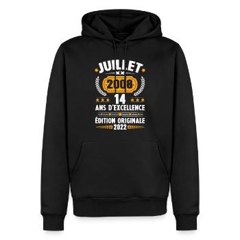 Cadeau d'anniversaire 14 Ans, Né en juillet 2008 - Sweat à capuche Premium bio Homme - noir - Devant - Nico (187cm)