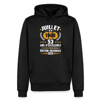 Cadeau d'anniversaire 53 Ans, Né en juillet 1969 - Sweat à capuche Premium bio Homme - noir - Devant - Nico (187cm)